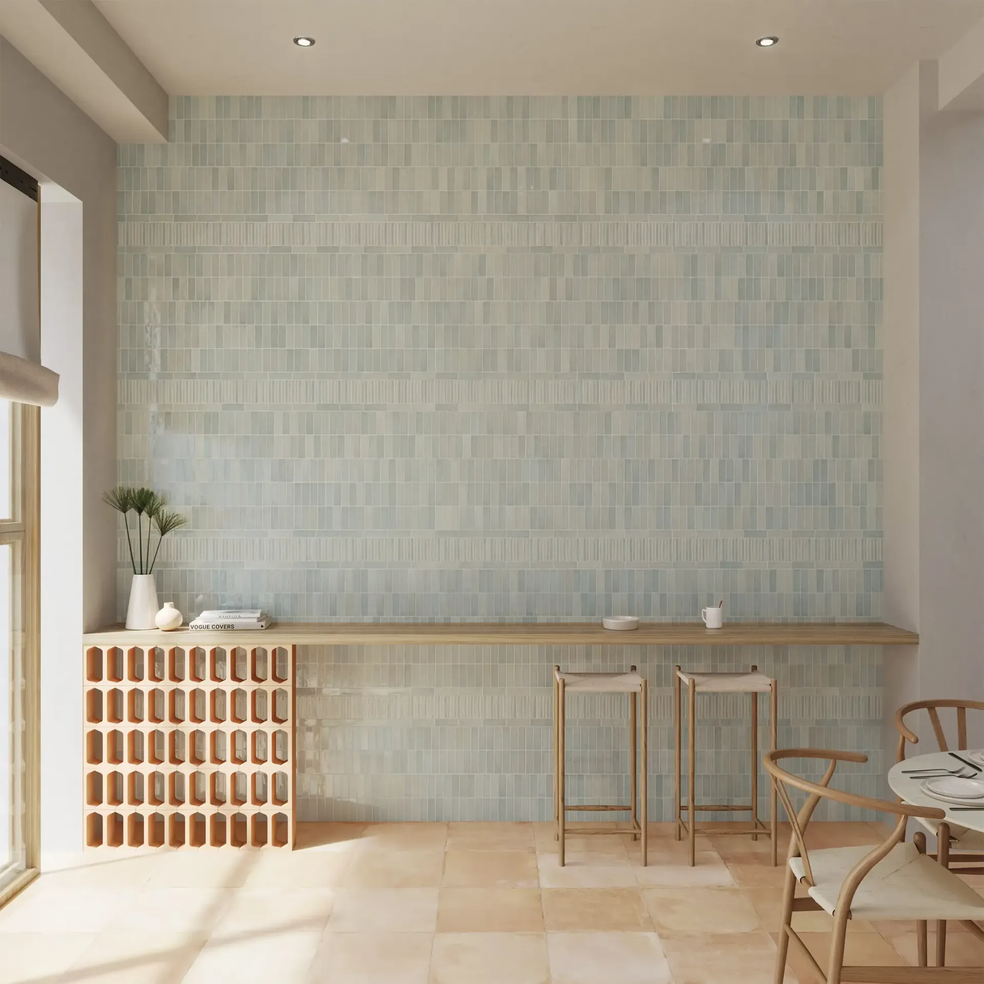 Un soggiorno con tavolo, sedie, sgabelli e una grande parete.