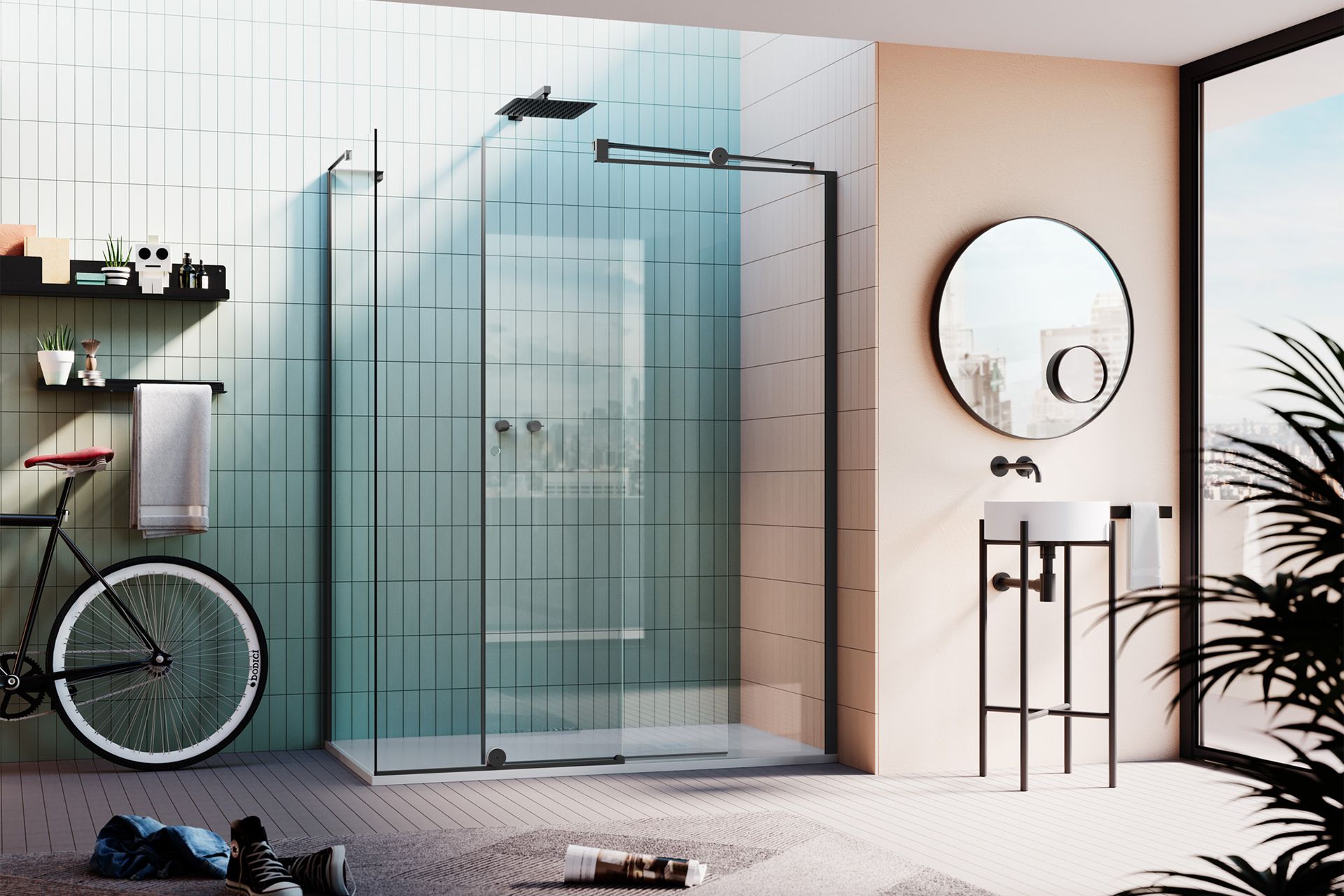 Un bagno con doccia, lavandino, specchio e bicicletta.