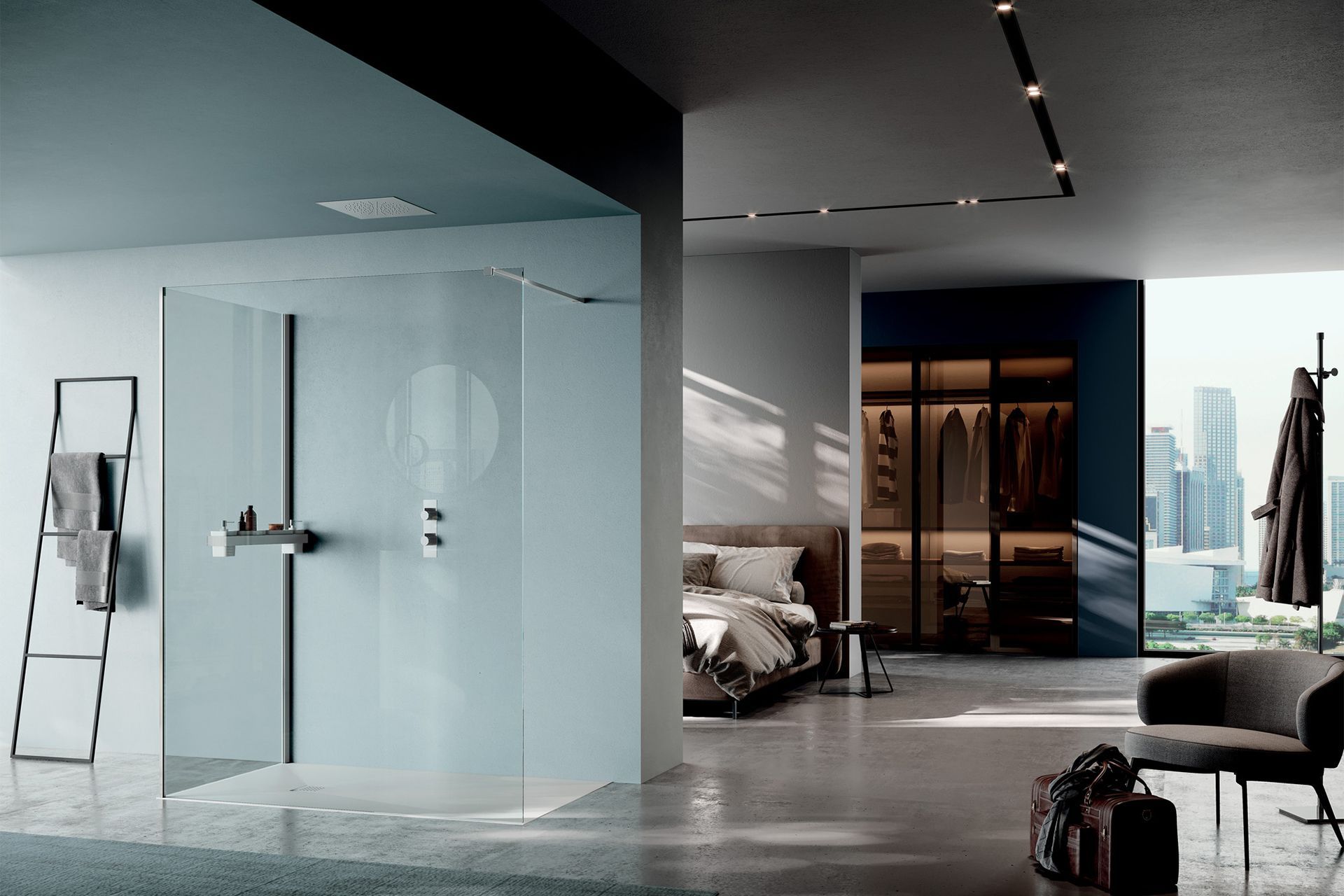 Un bagno con cabina doccia accanto a una camera da letto