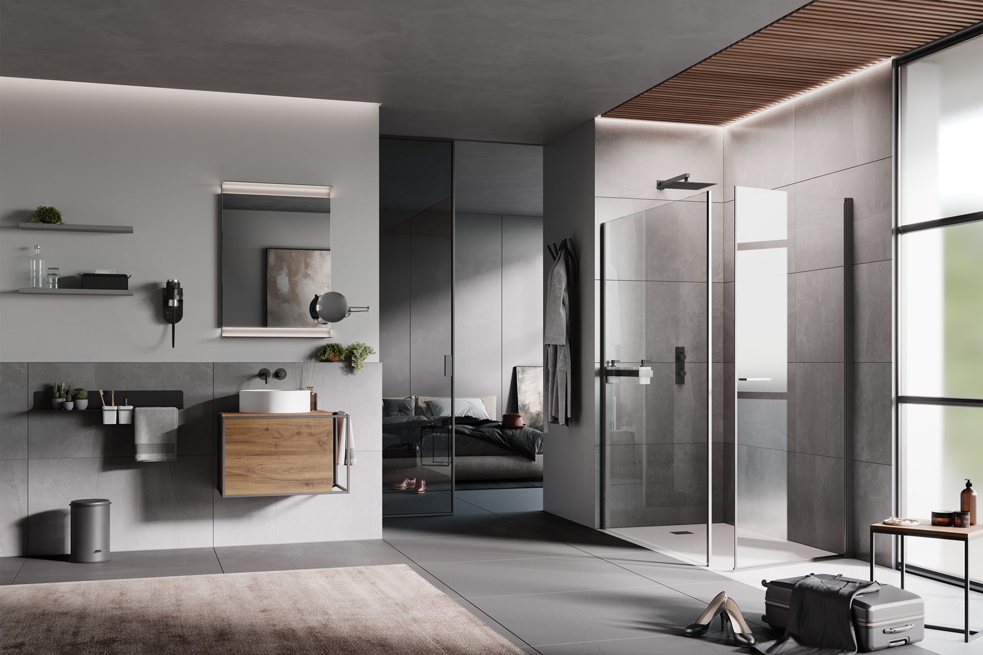 Un bagno con lavandino, specchio e cabina doccia.