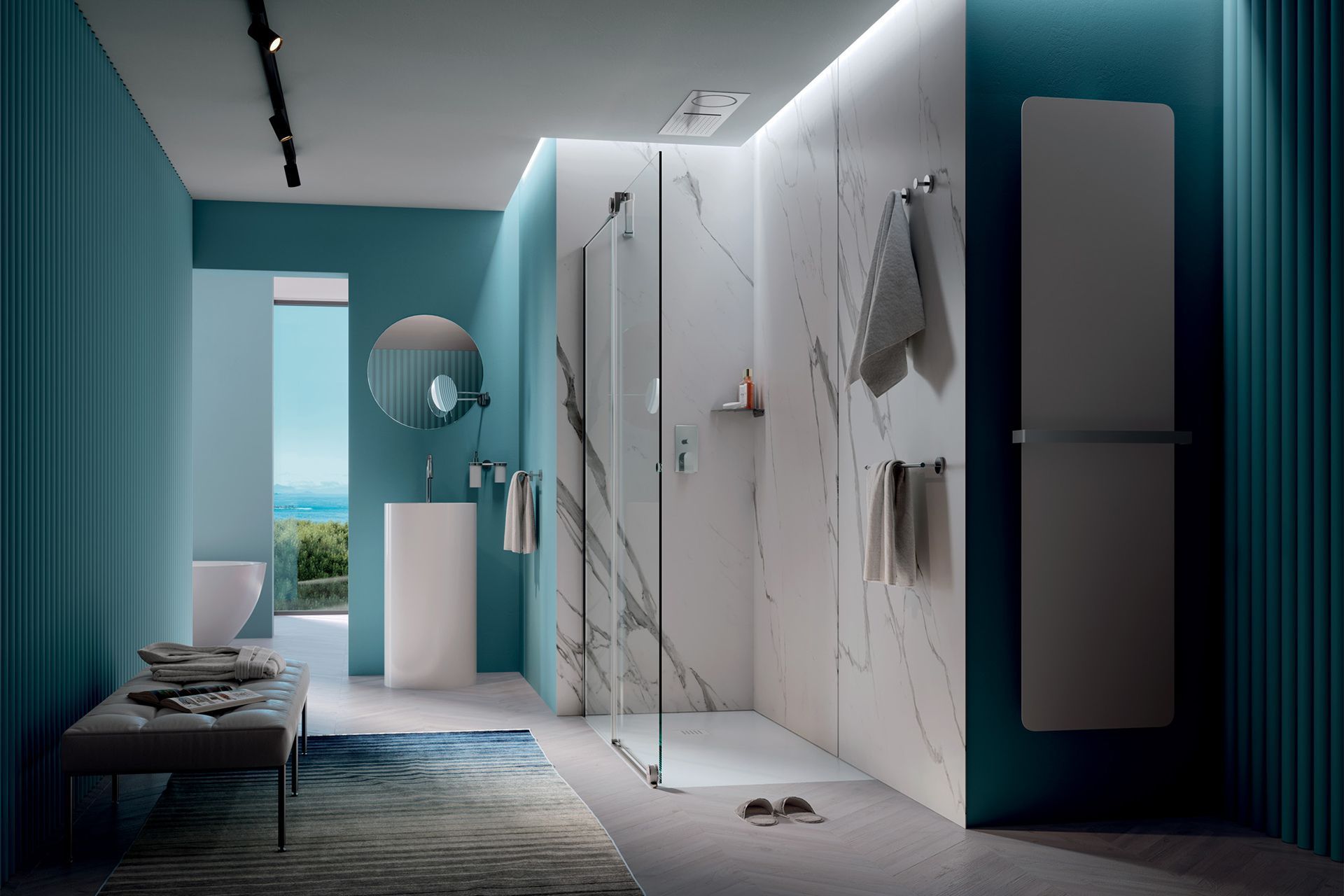 Un bagno con cabina doccia e lavandino.