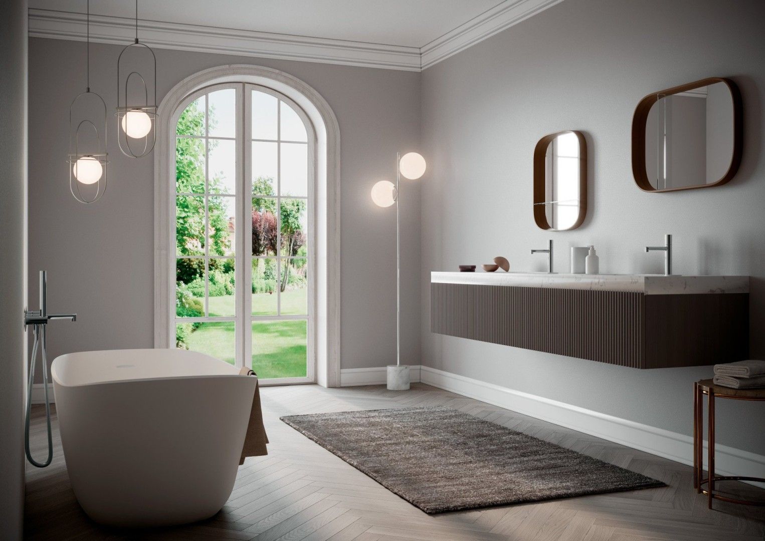 Un bagno con vasca, lavandino, specchi e finestra.