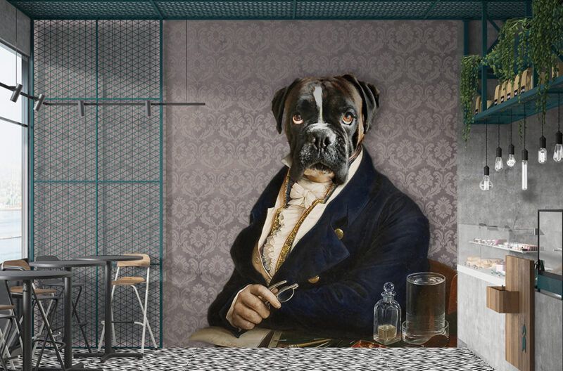 Un dipinto di un cane boxer in giacca e cravatta