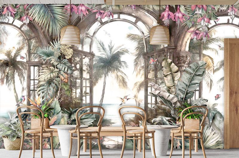 Una sala da pranzo con un grande murale sulla parete, un tavolo e delle sedie.