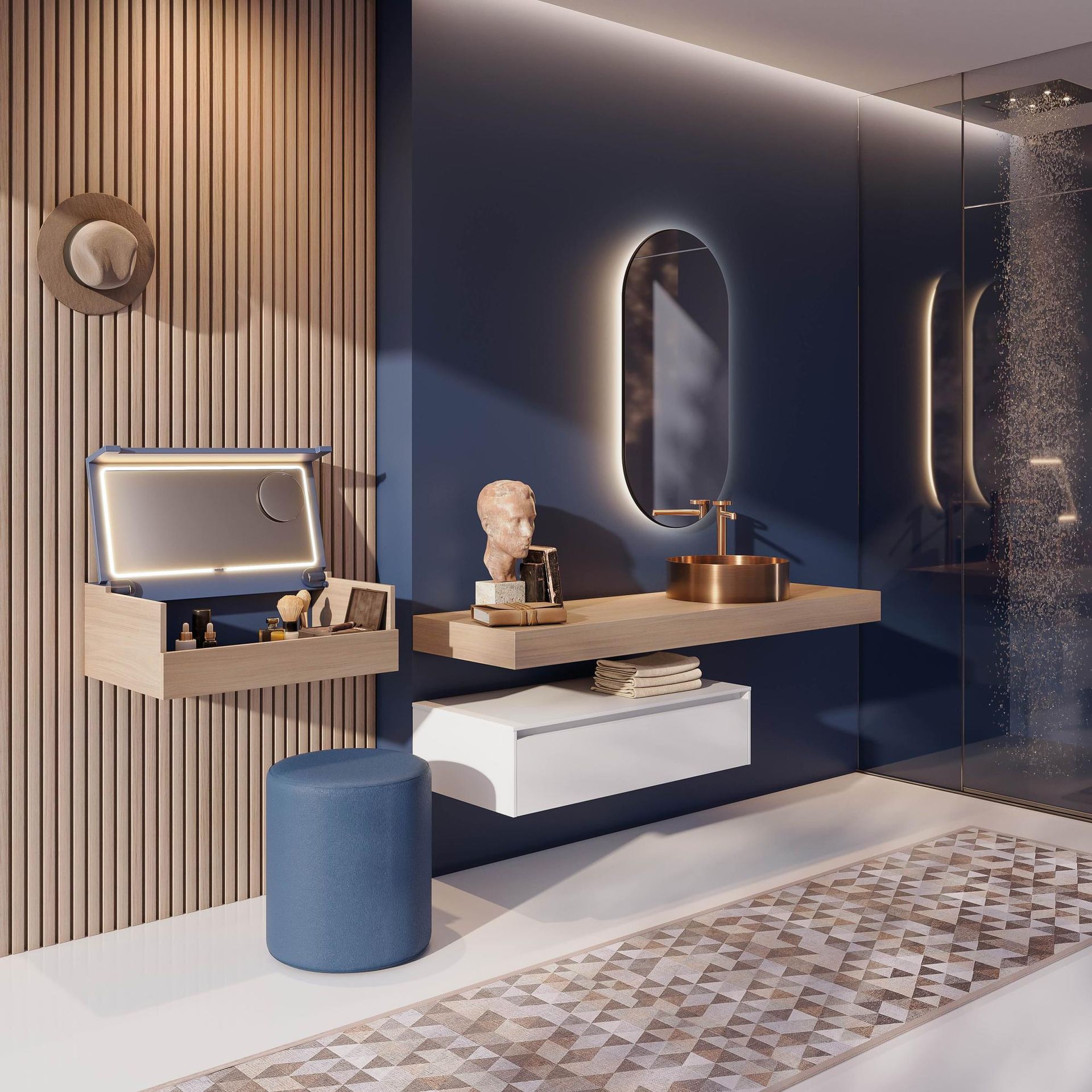 Un bagno con un lavandino, uno specchio e uno sgabello