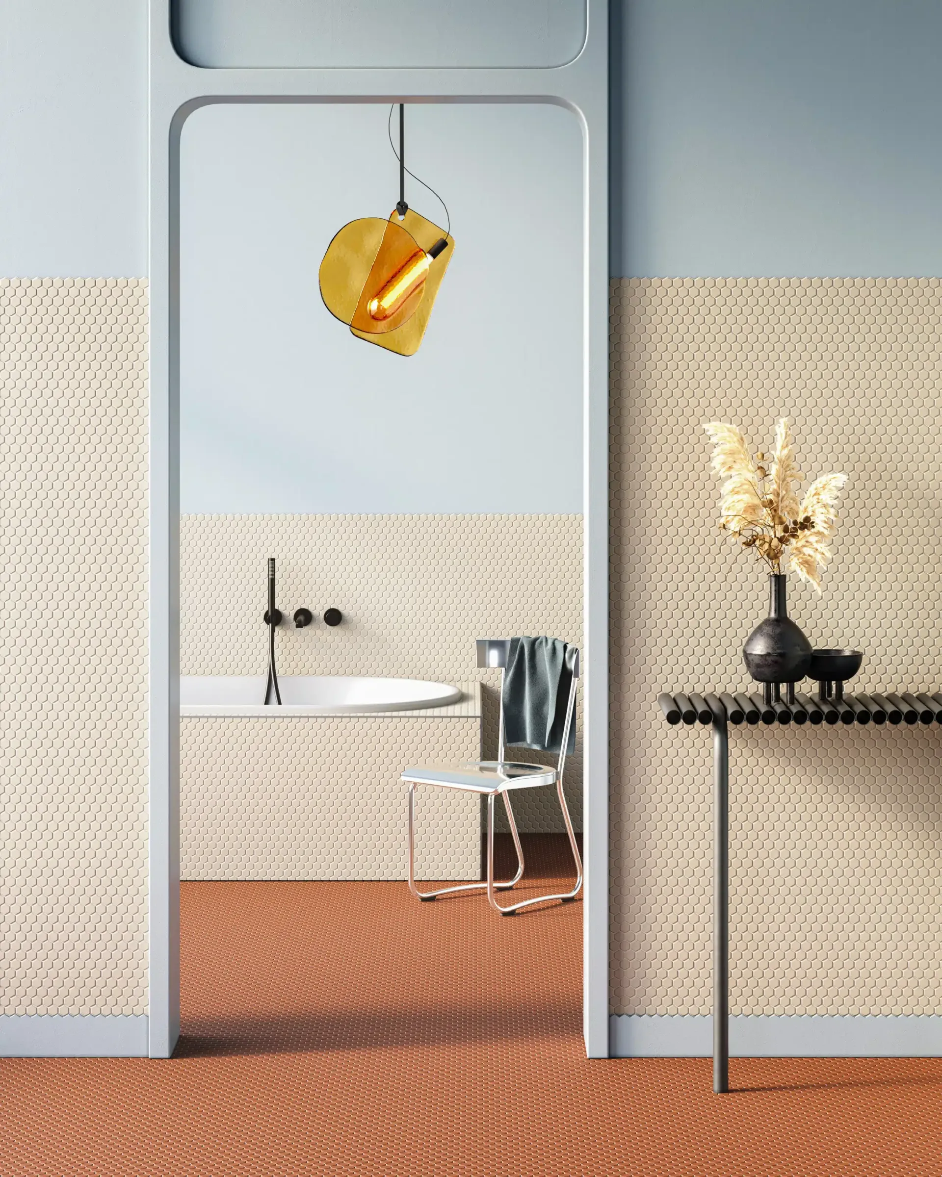 Un bagno con lavandino, sedia, tavolo e vaso di fiori.