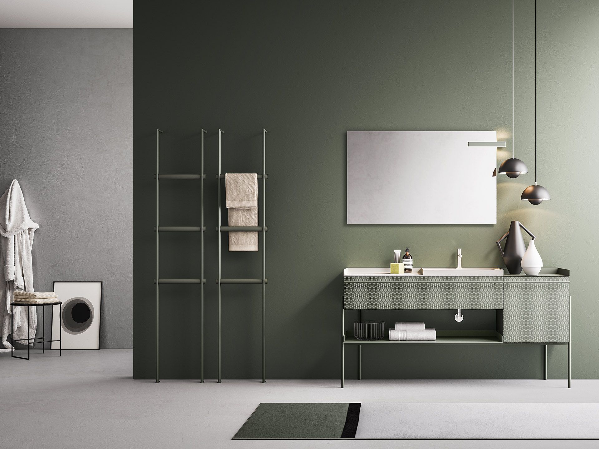 Un bagno con pareti verdi, lavandino e specchio