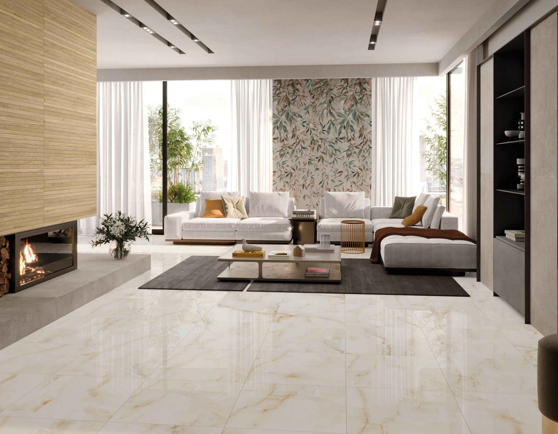 Un soggiorno arredato con mobili e un camino.