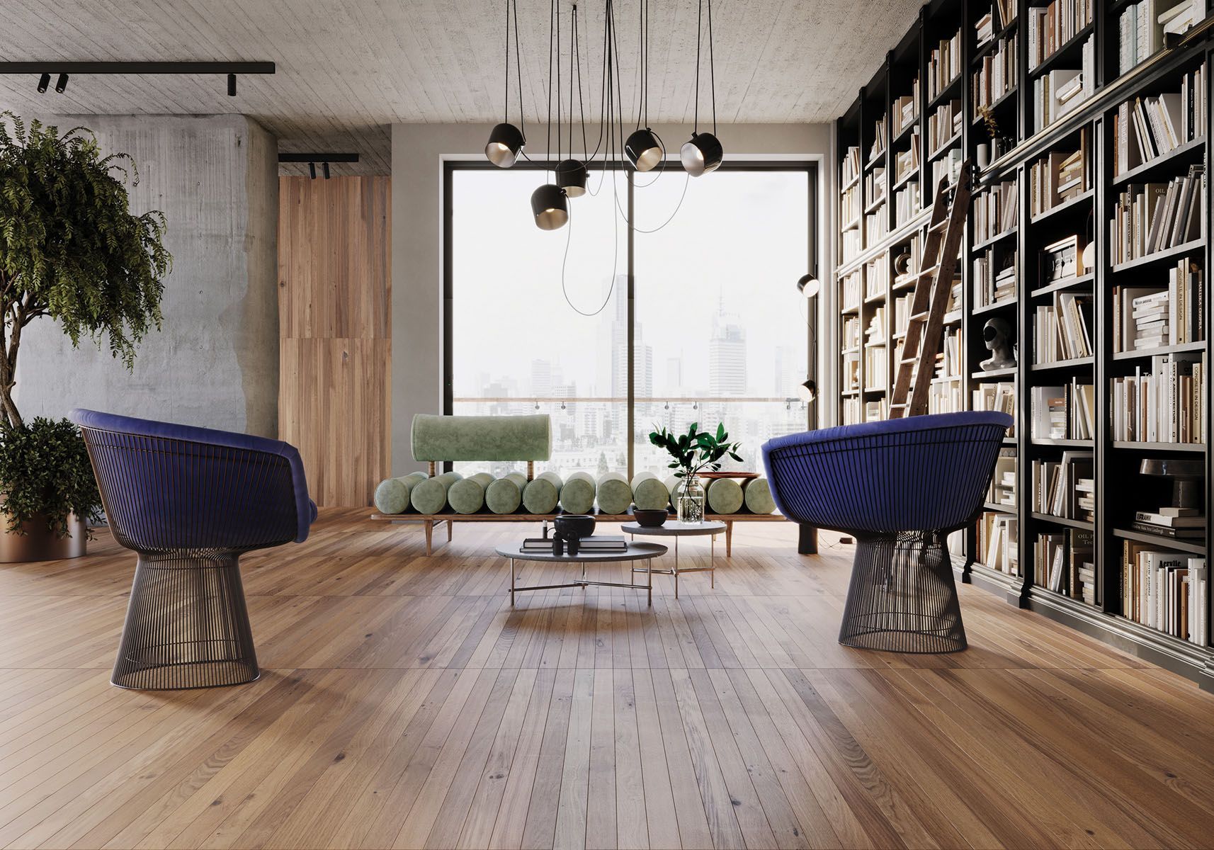 Un soggiorno con tante librerie e sedie