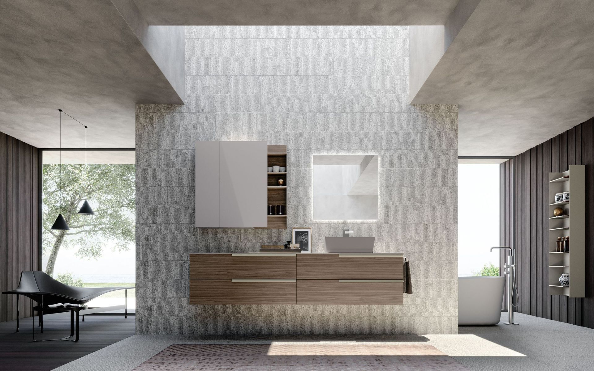 Un bagno con un muro di mattoni, un lavandino, uno specchio e una vasca da bagno.