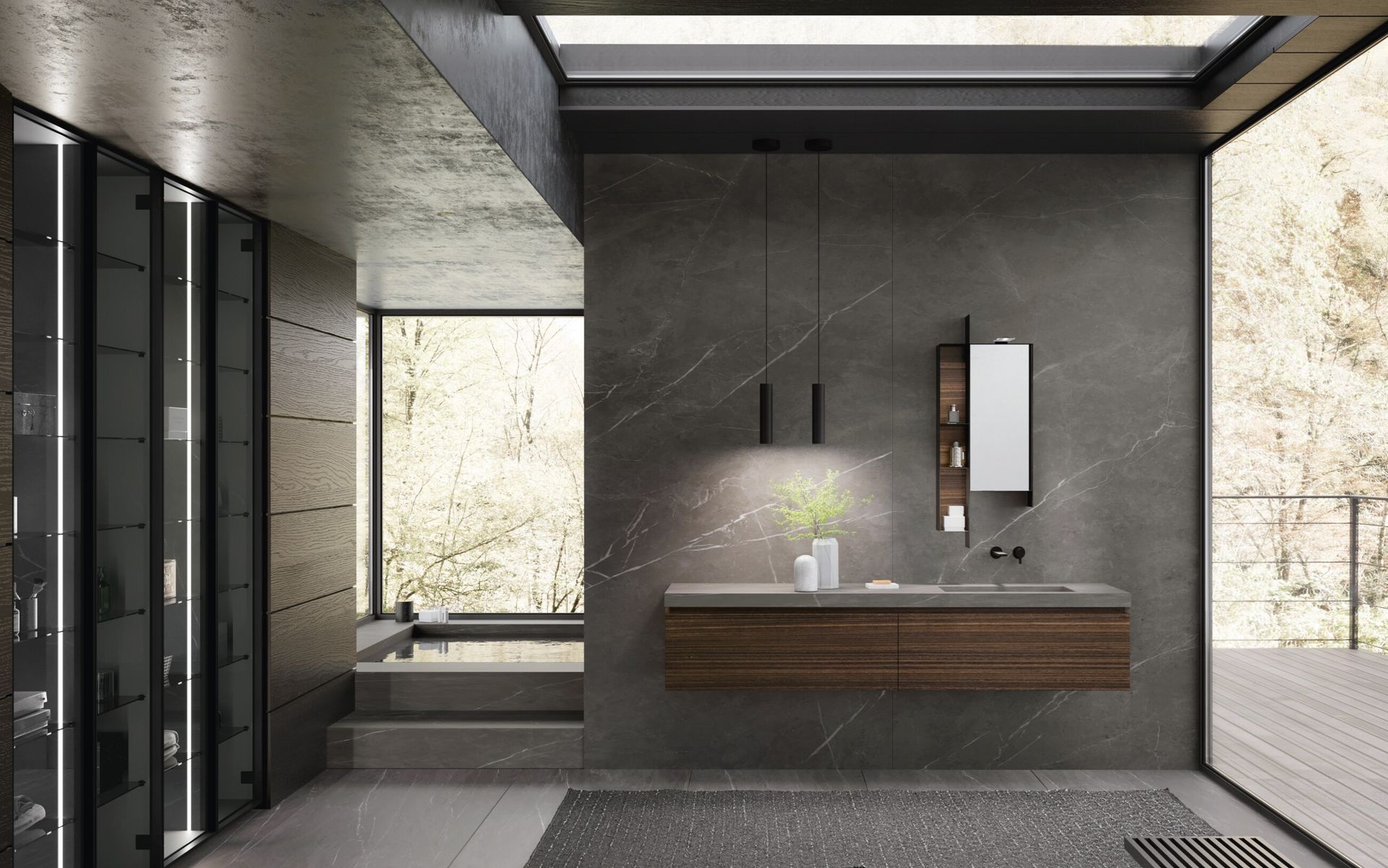 Un bagno con lavandino, specchio e vasca.