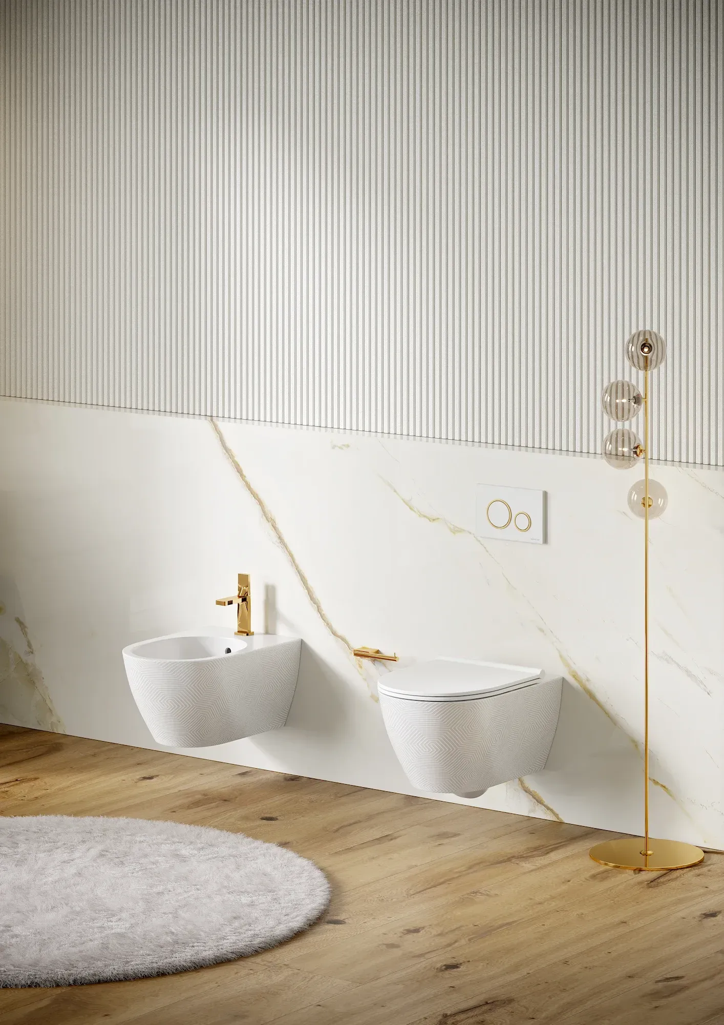 Un bagno con due lavandini e un water appeso al muro.