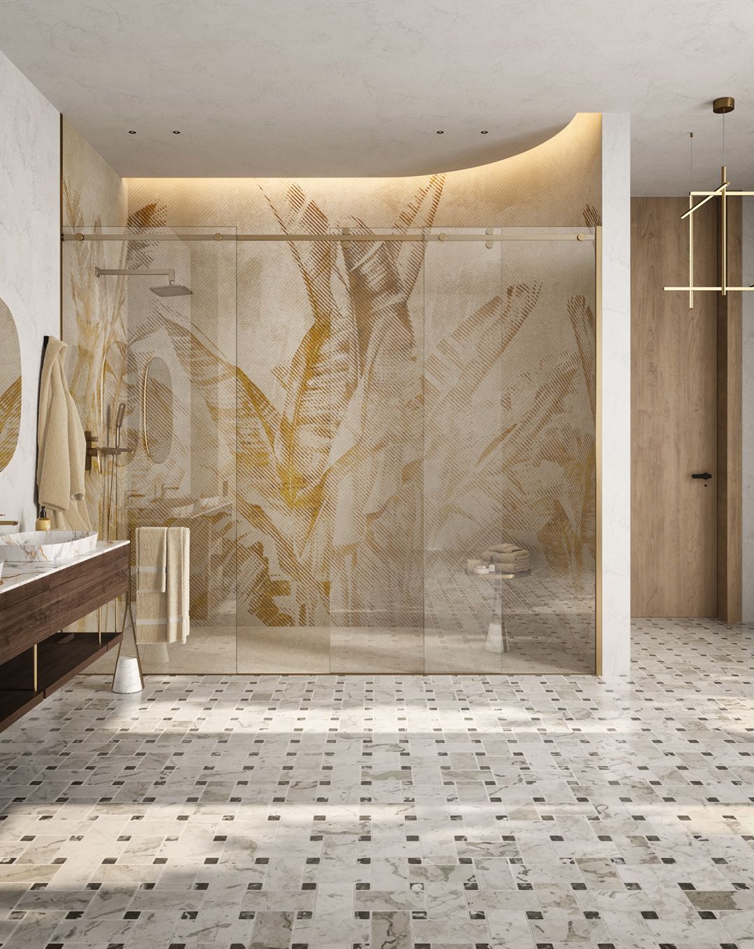 Un bagno con cabina doccia, lavandino e specchio.