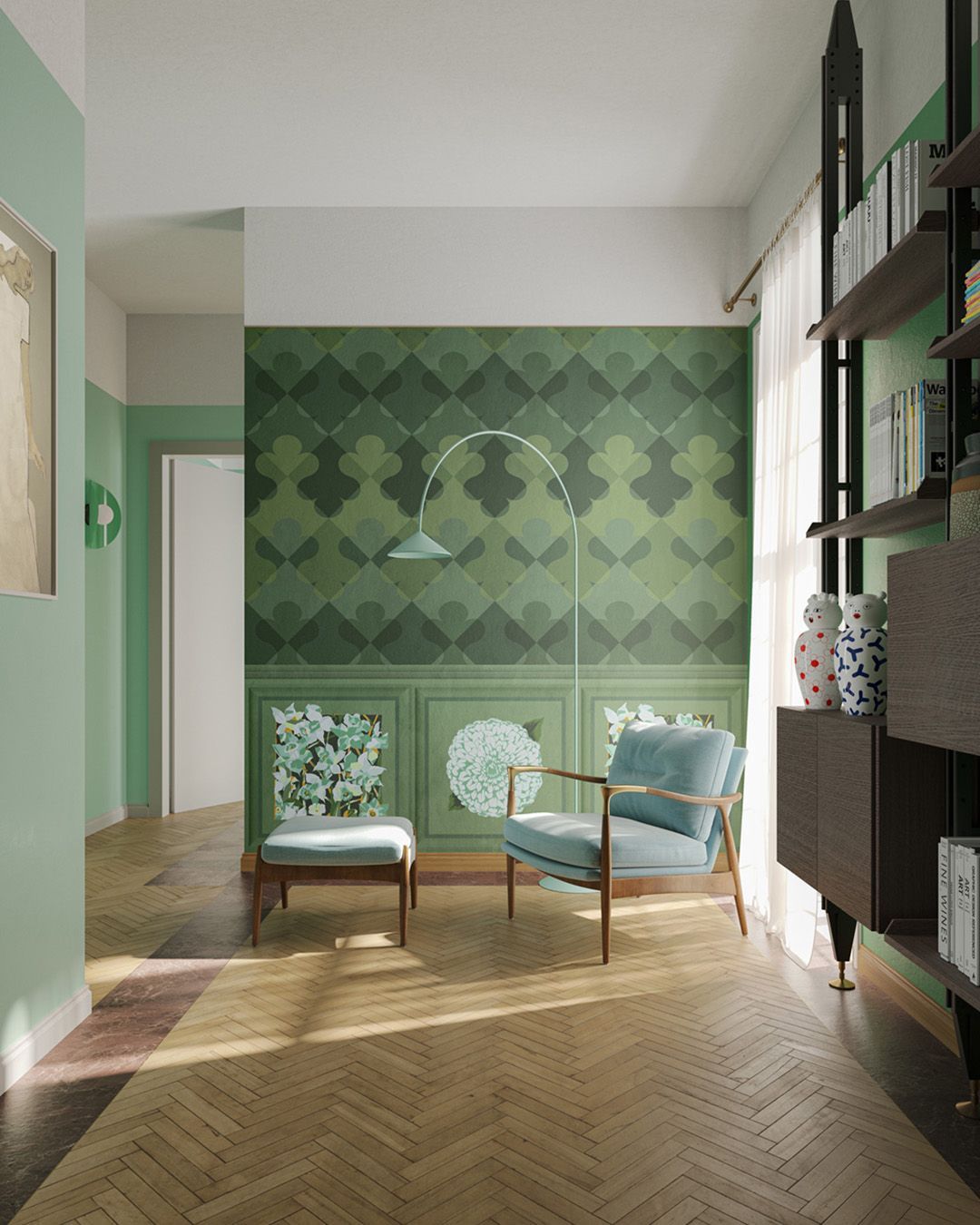 Un soggiorno con pareti verdi, sedie e una lampada.