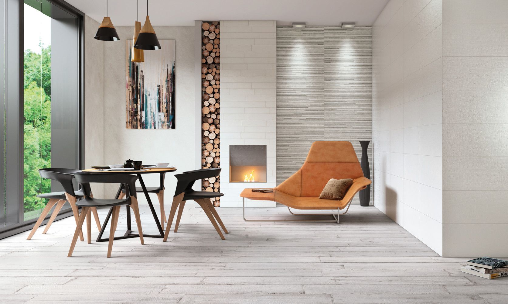 Un soggiorno con camino, tavolo e sedie