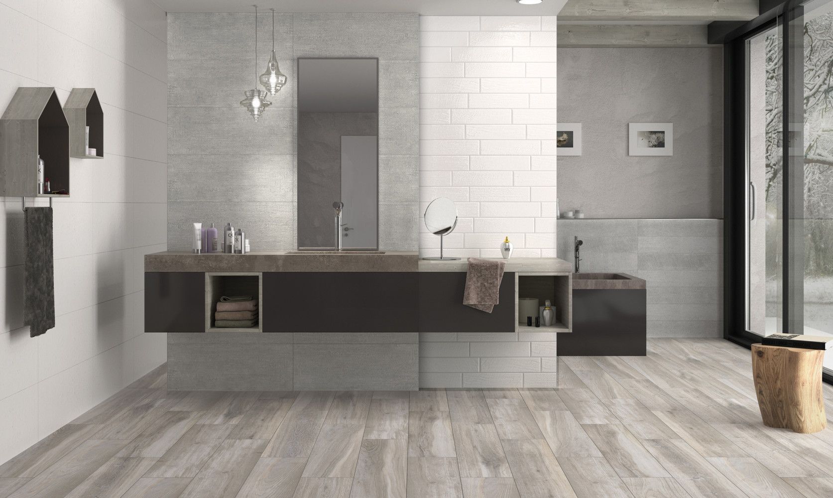 Un bagno con lavandino, vasca, specchio e pavimento in legno.