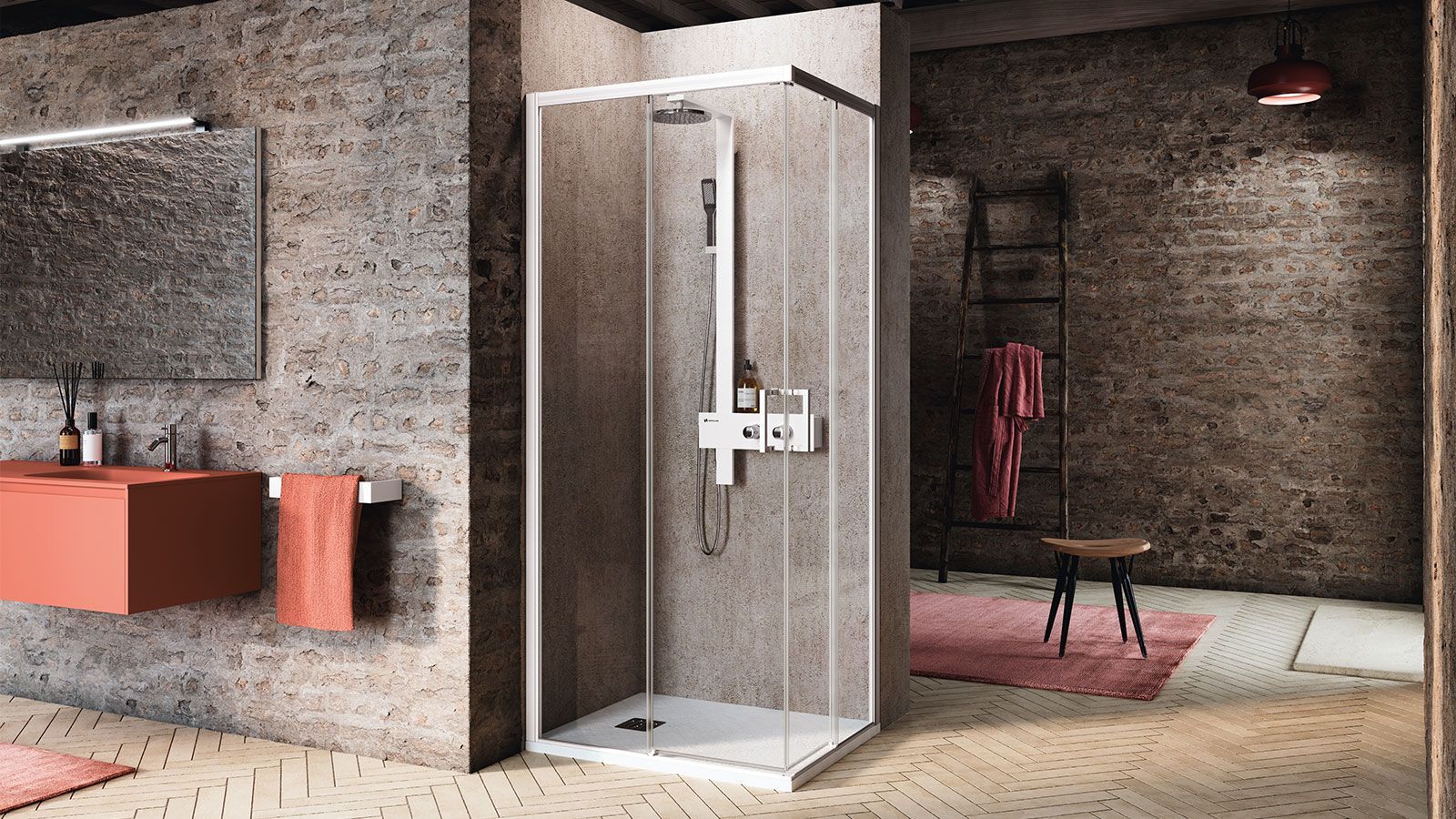 Un bagno con box doccia e lavandino.