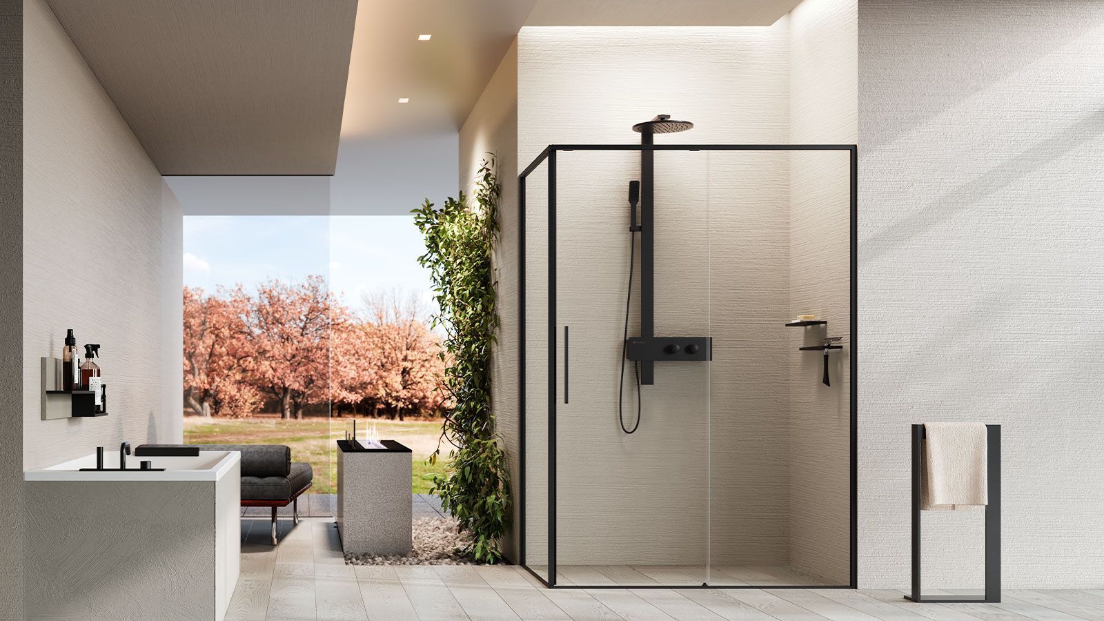 Un bagno con cabina doccia e lavandino.