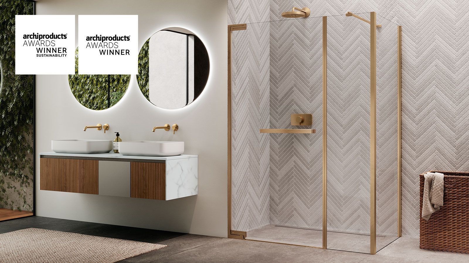 Un bagno con due lavandini, una doccia e uno specchio.