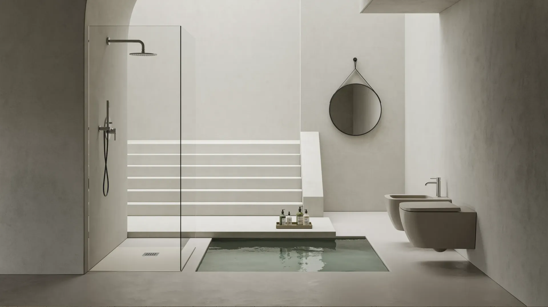 Un bagno con vasca, WC, doccia e specchio.