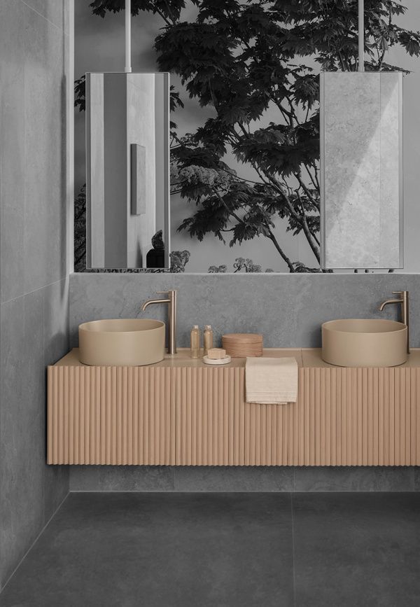 Un bagno con due lavandini e un grande specchio.