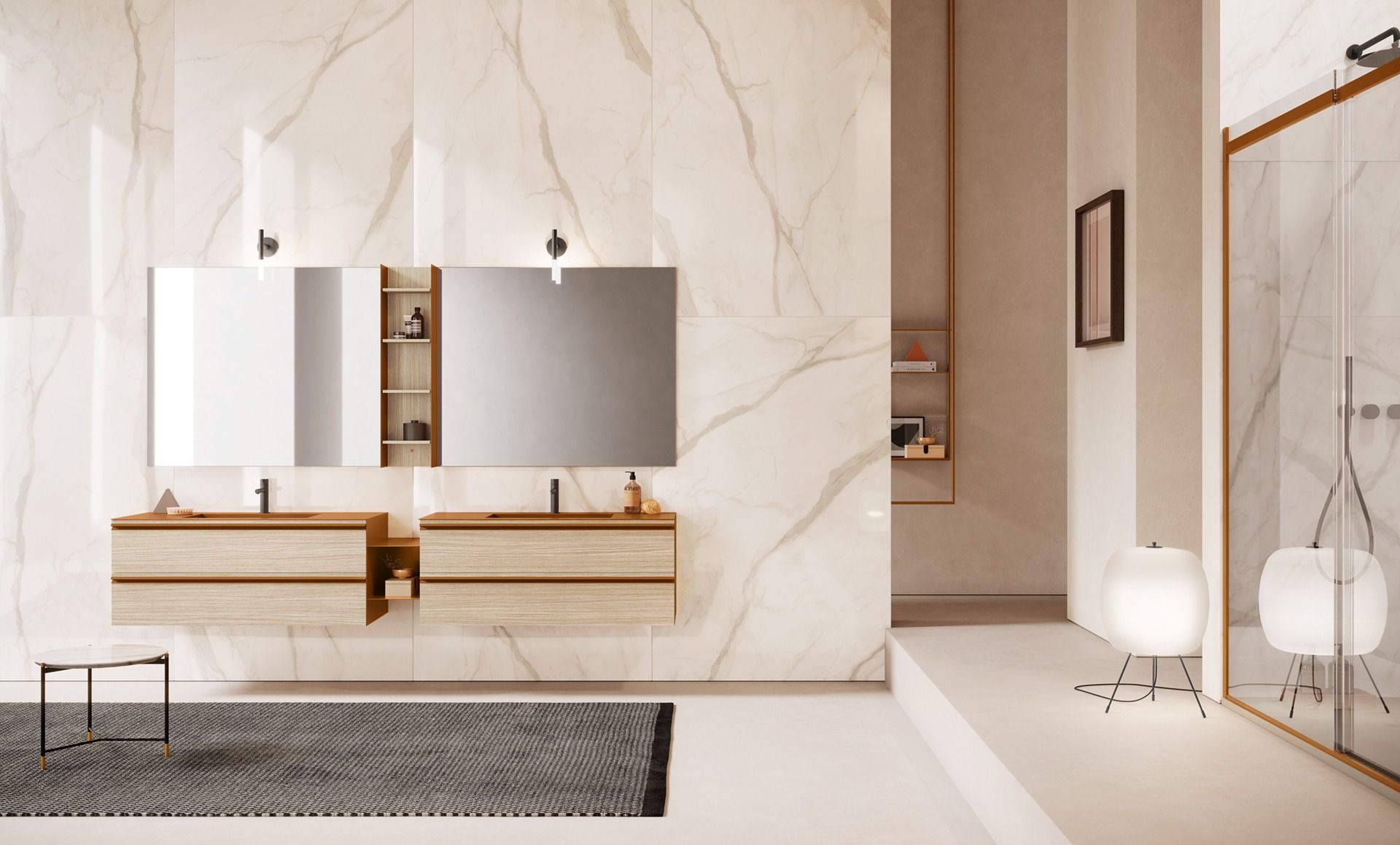 Un bagno con due lavandini, due specchi e un tappeto.