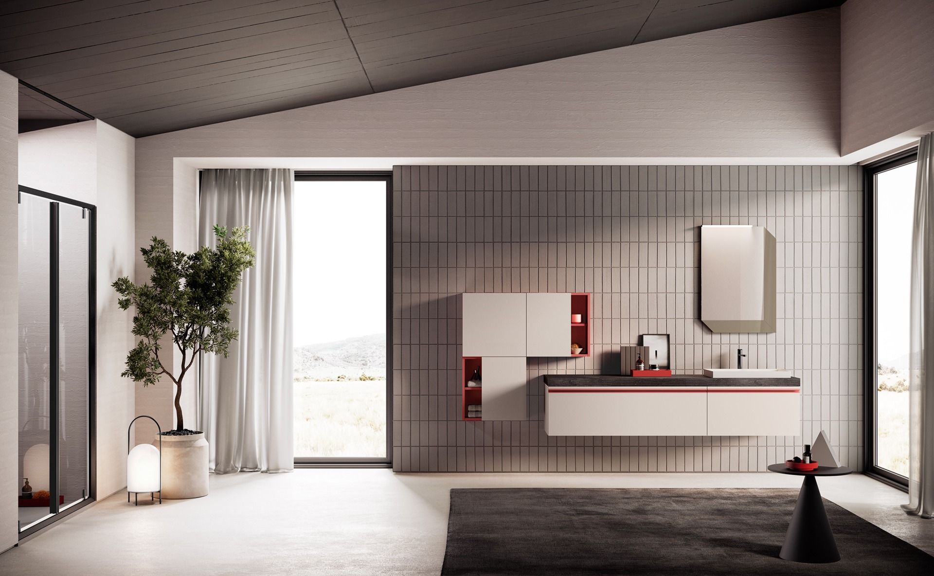 Un bagno con lavandino, specchio e armadietti.