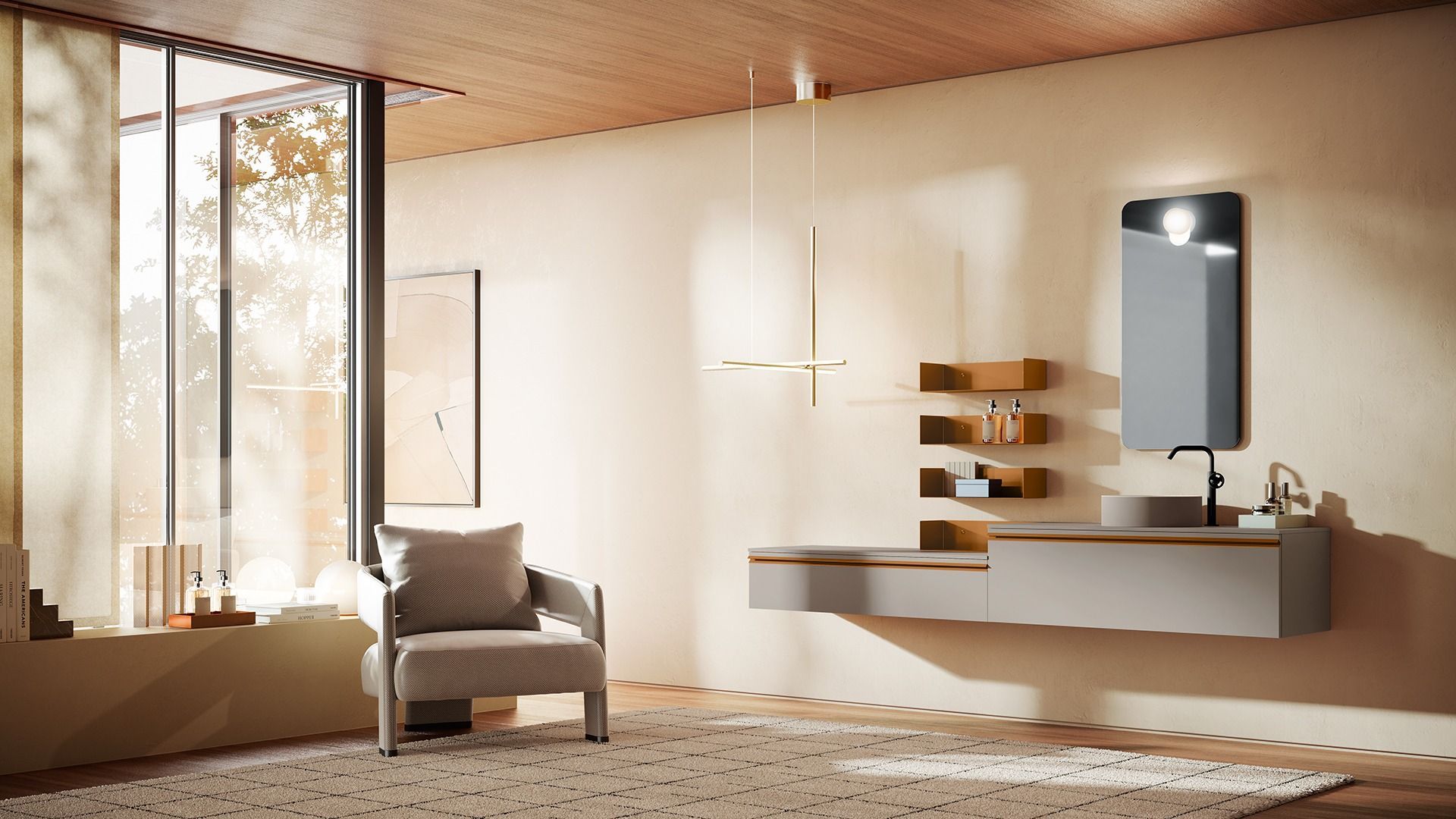 Un bagno con lavandino, specchio e sedia.