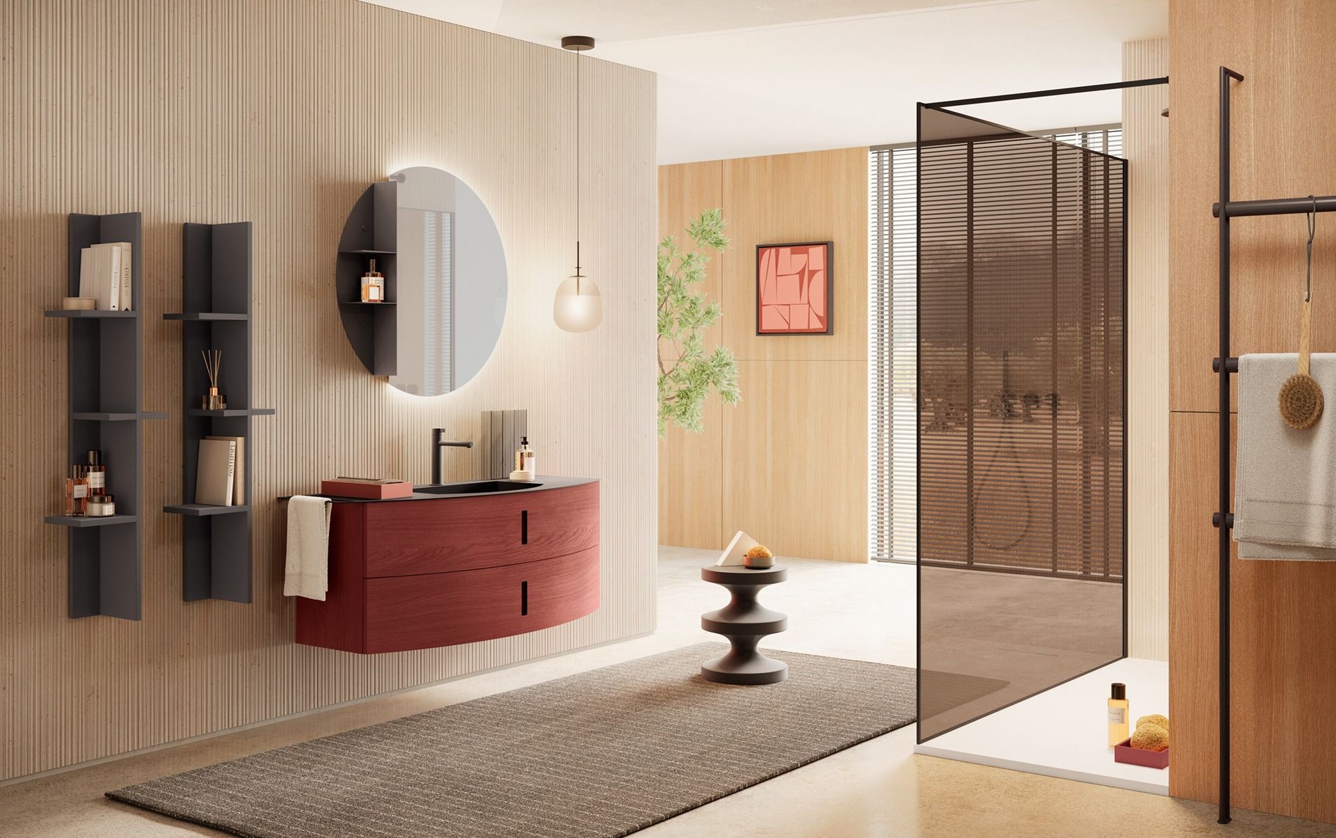 Un bagno con lavandino, specchio e cabina doccia.