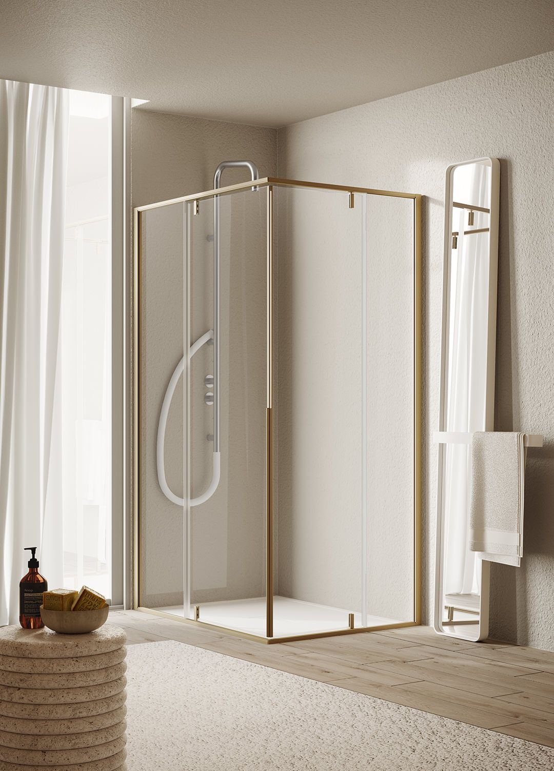 Un bagno con cabina doccia e specchio.