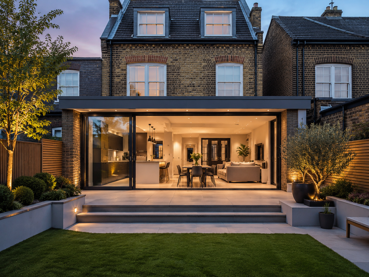 Modern brick house with a lit open patio, outdoor dining area, and a manicured lawn at dusk