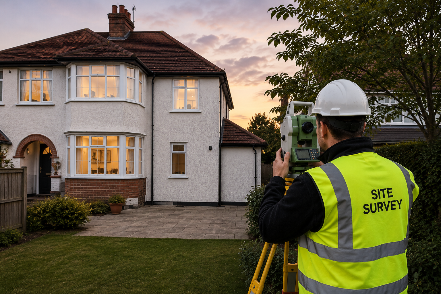 Surveyor in yellow vest and hard hat using a tripod scanner outside a suburban house at dusk