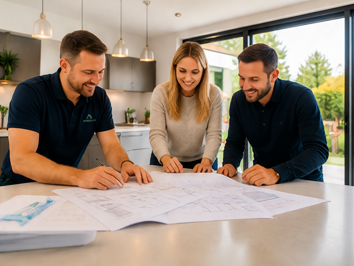 Three people reviewing architectural plans at a kitchen table in a bright, modern home
