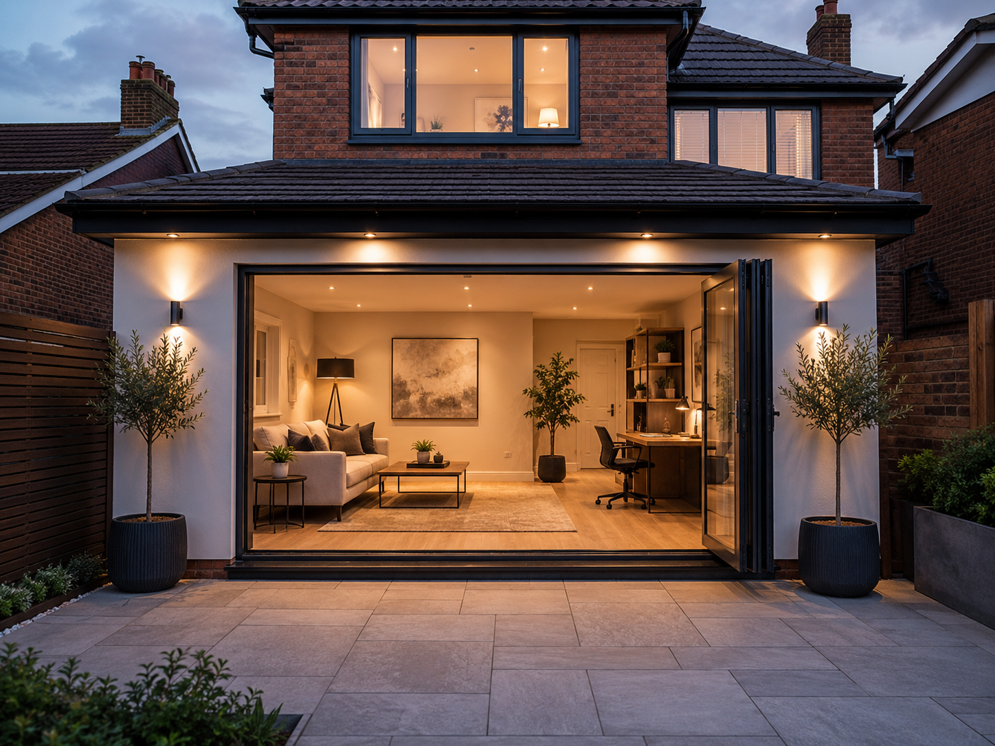 Open living room with sliding glass doors at dusk, warmly lit, facing a paved patio and driveway