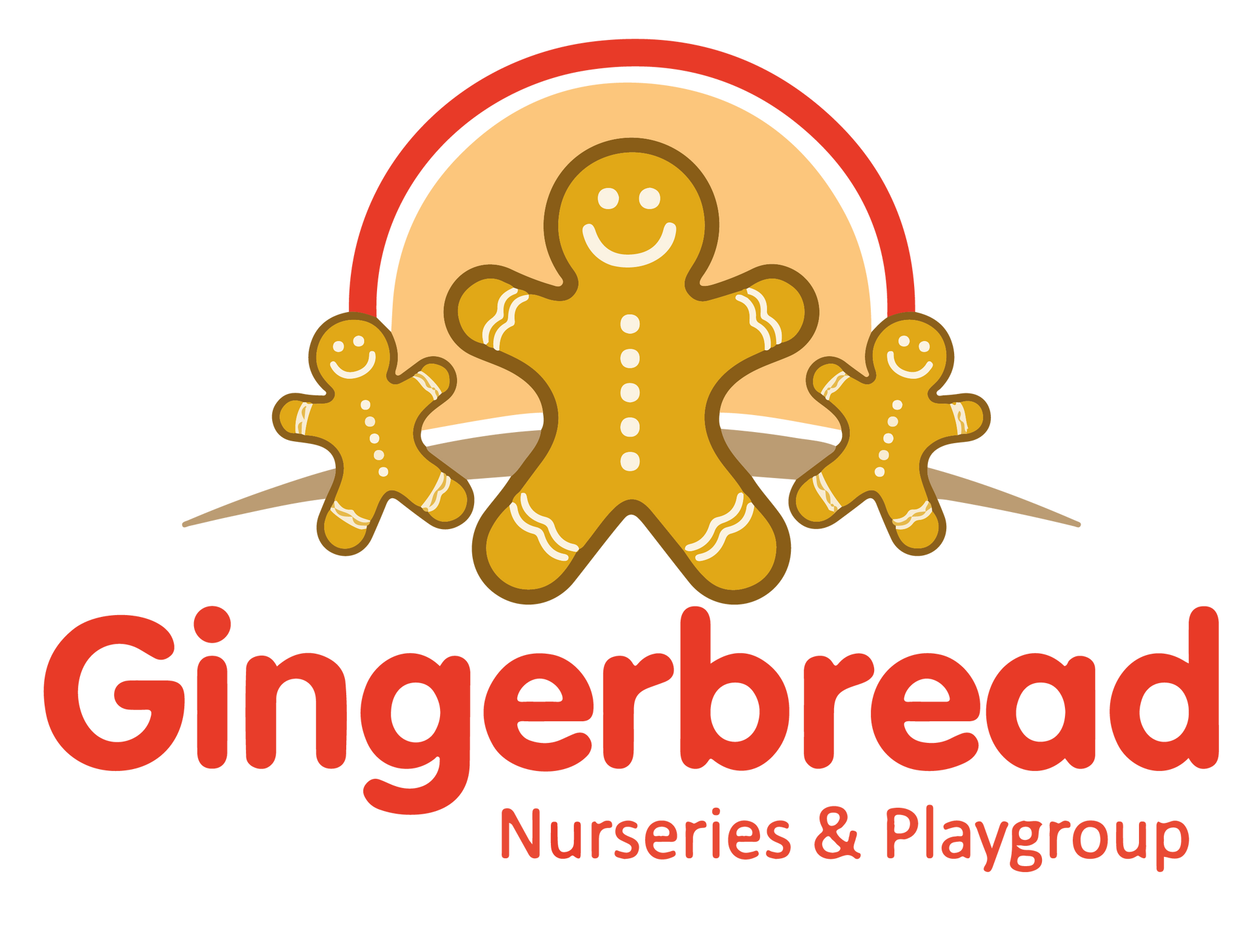 A logo for gingerbread nurseries and playgroup with three gingerbread men