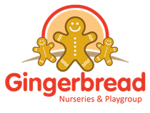 A logo for gingerbread nurseries and playgroup with three gingerbread men