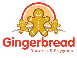 A logo for gingerbread nurseries and playgroup with three gingerbread men