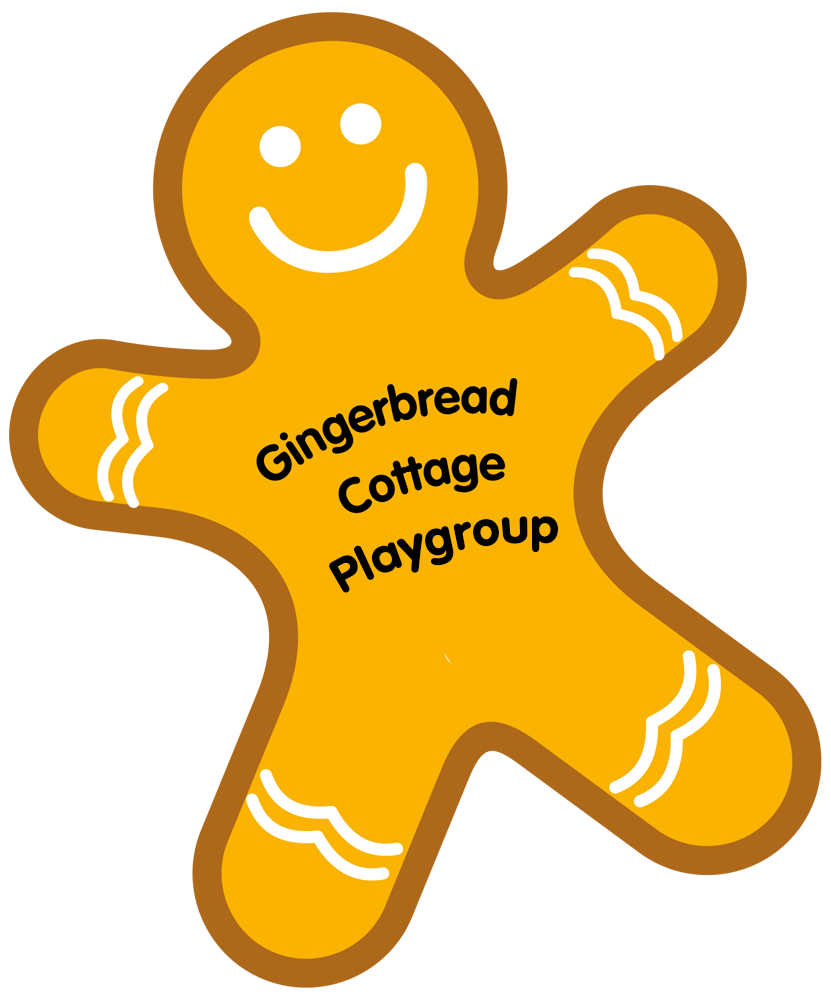 A gingerbread man with the words gingerbread cottage playgroup written on it