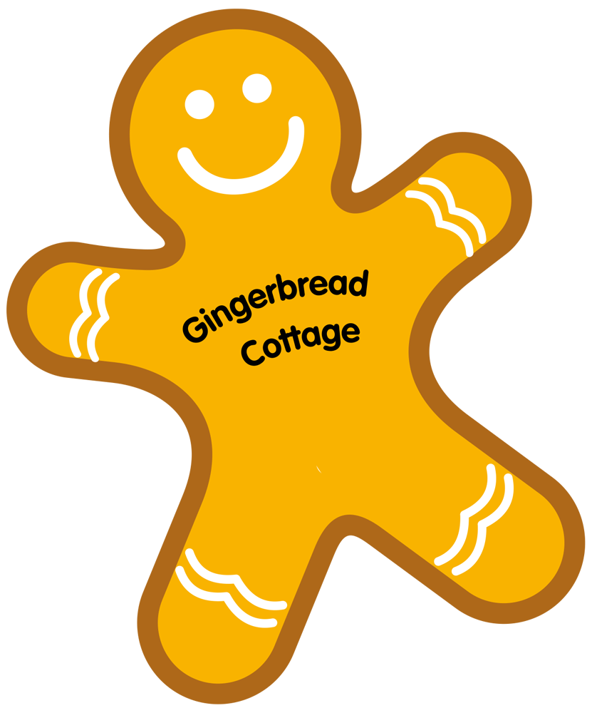 A gingerbread man with the words gingerbread cottage on it