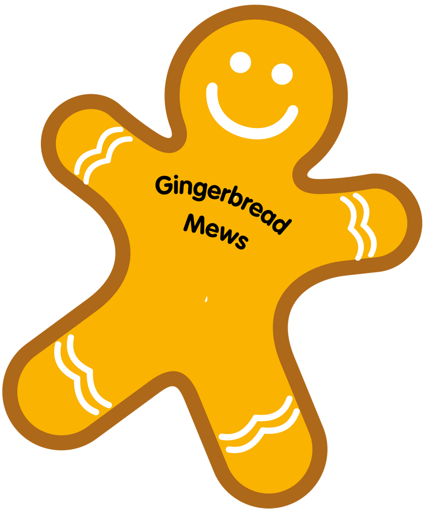 A gingerbread man with the words gingerbread mews on it