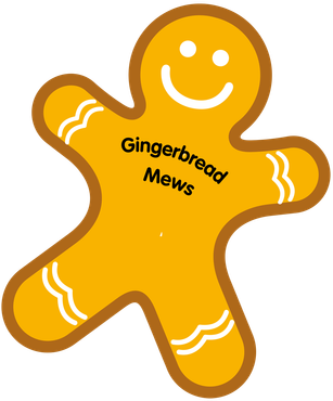 A gingerbread man with the words gingerbread mews on it