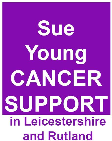 A purple sign that says sue young cancer support in leicestershire and rutland Gingerbread