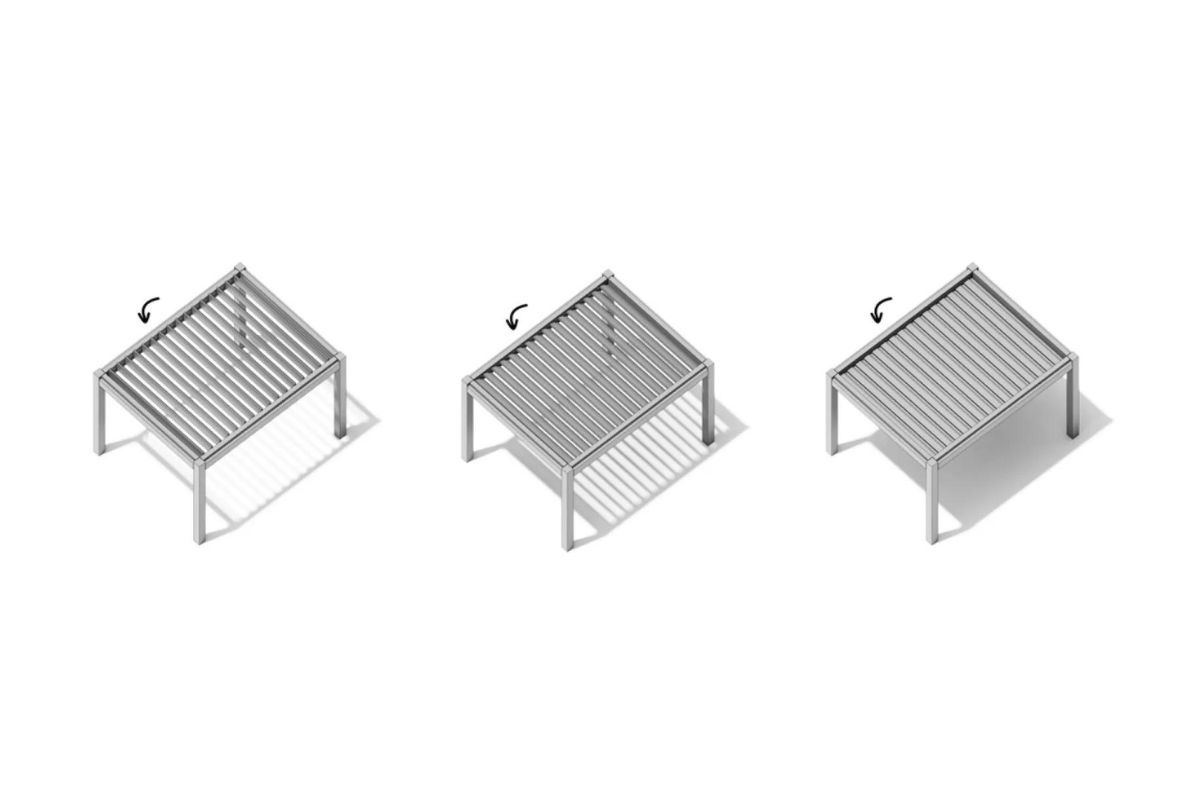 A 3d rendering of a pergola in different positions on a white background.