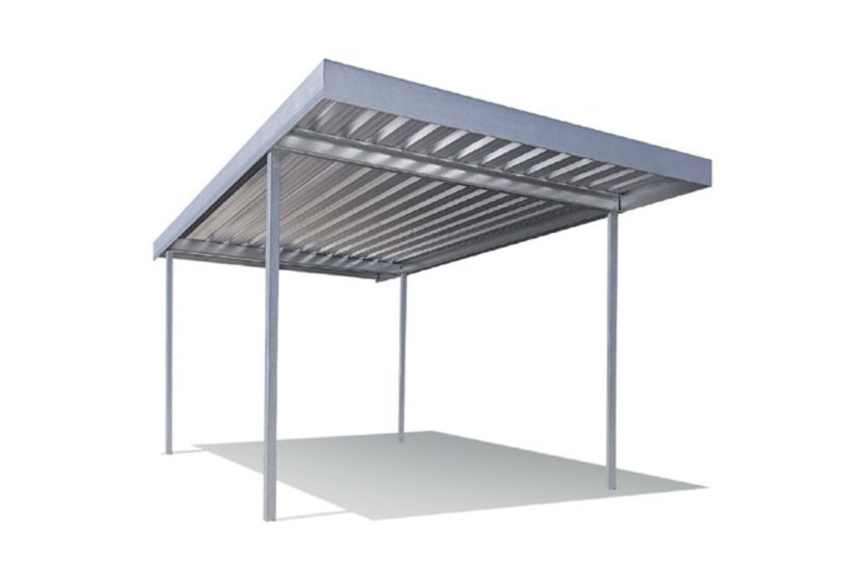 A 3d model of a carport on a white background.
