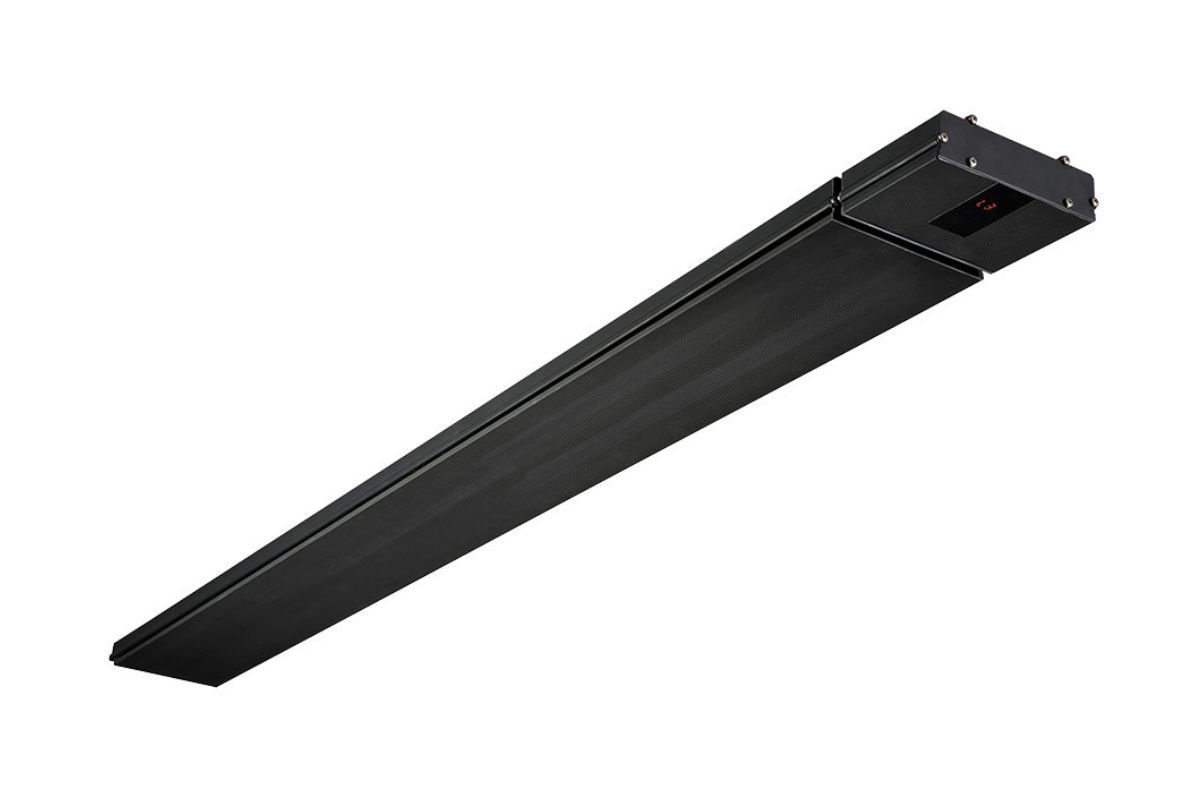 A black heater is hanging from the ceiling on a white background.