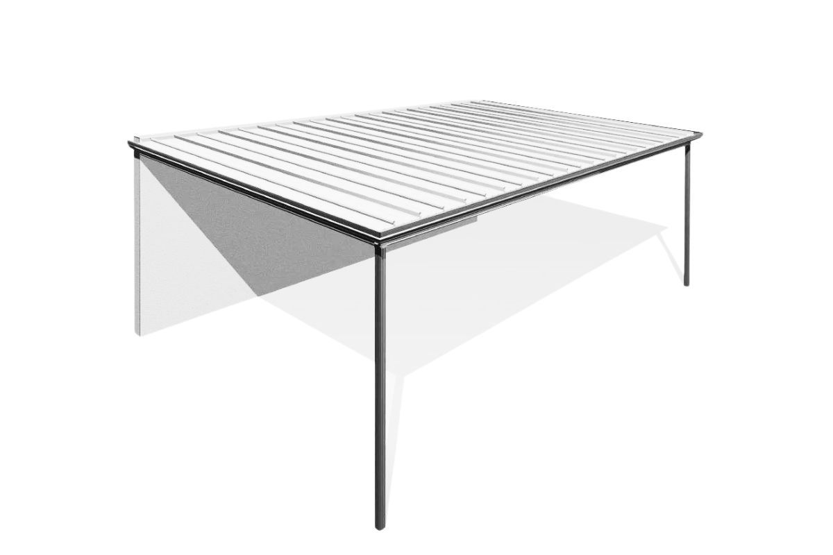 A black and white drawing of a triangle shaped table on a white background.