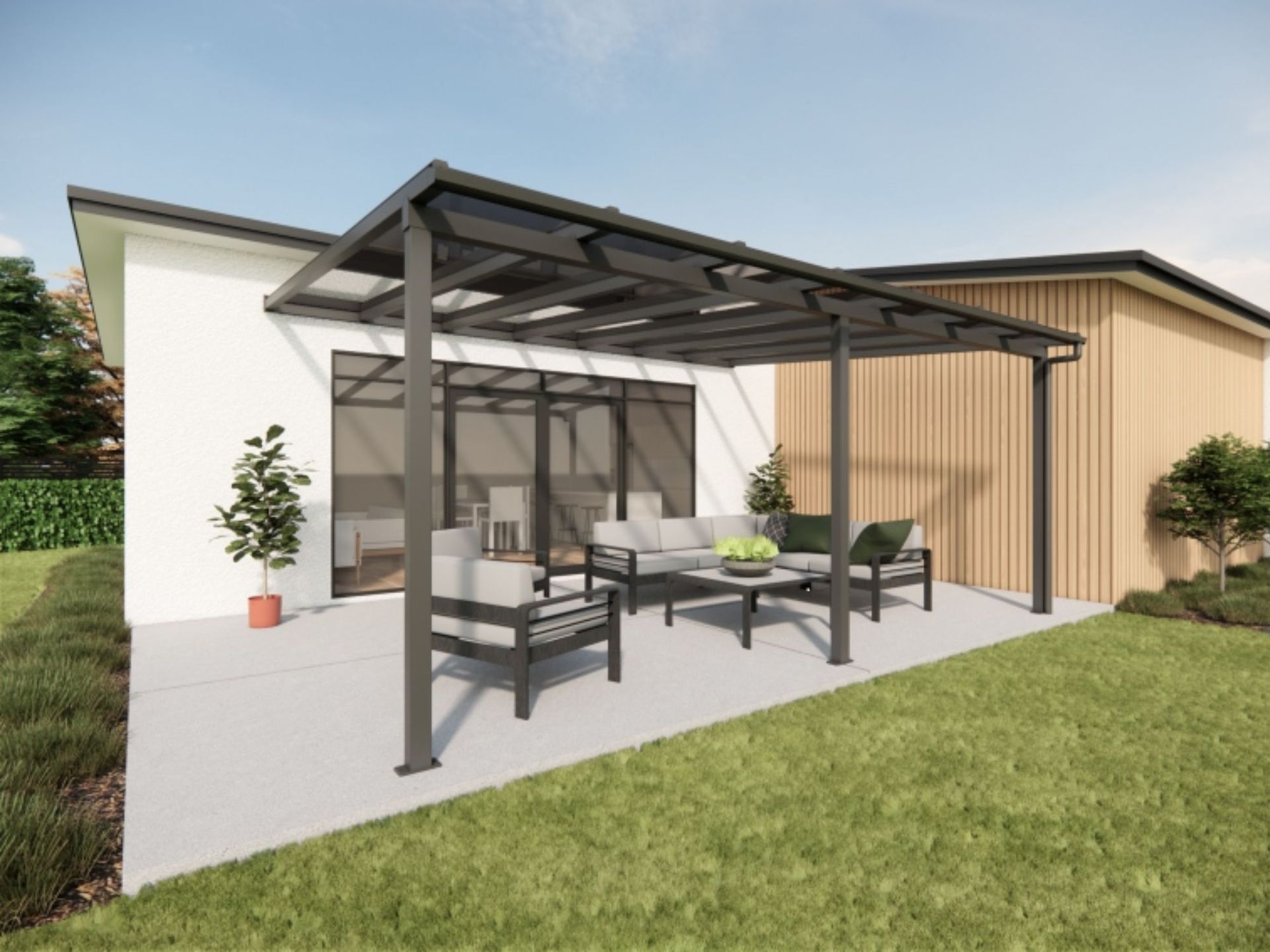 An artist 's impression of a house with a pergola and patio furniture.