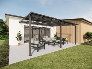 An artist 's impression of a house with a pergola and patio furniture.