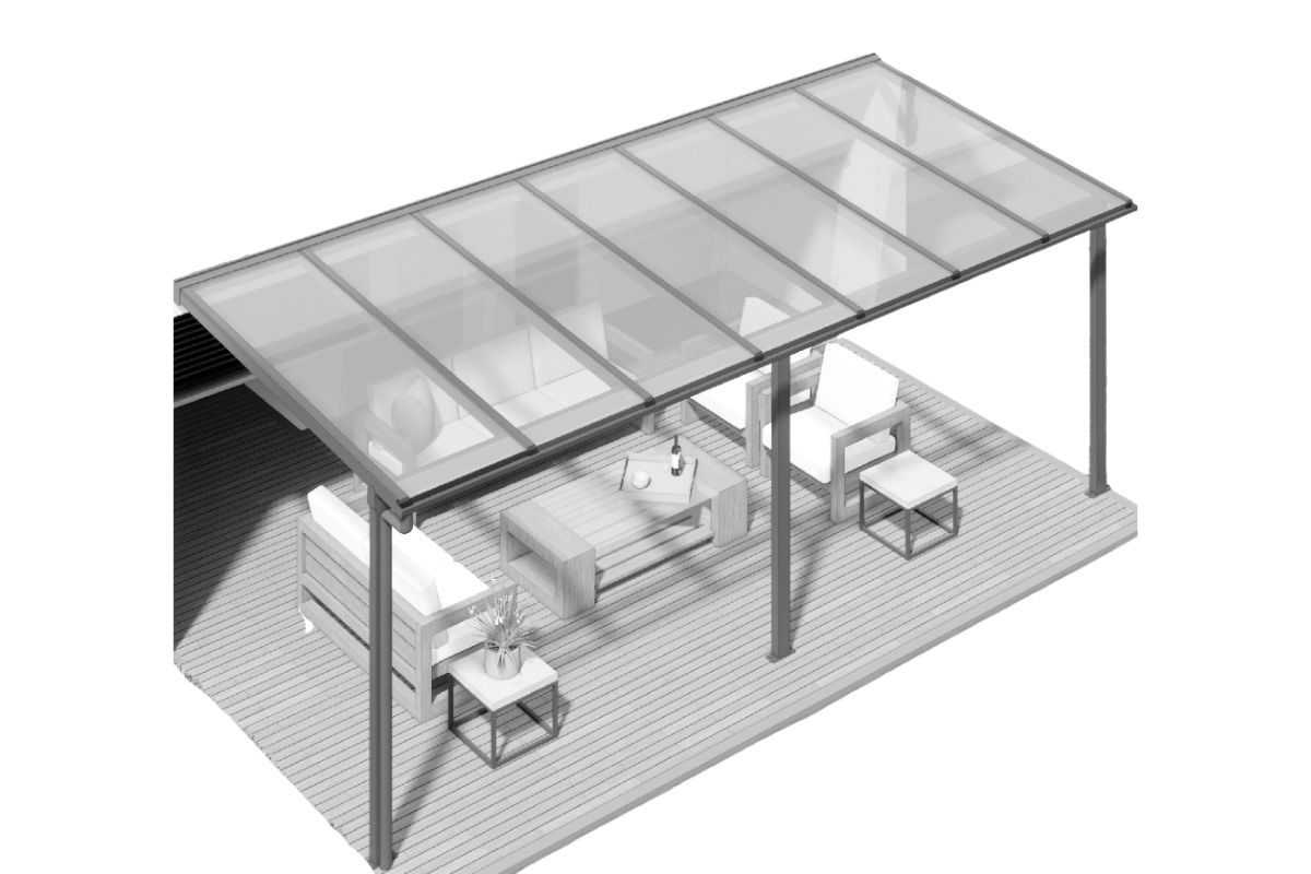A black and white drawing of a patio with furniture under a canopy.
