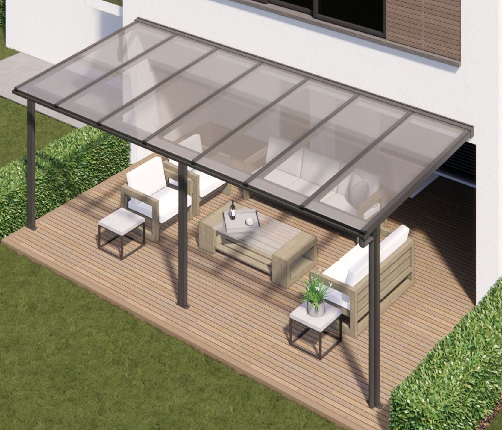 An aerial view of a patio with a clear roof